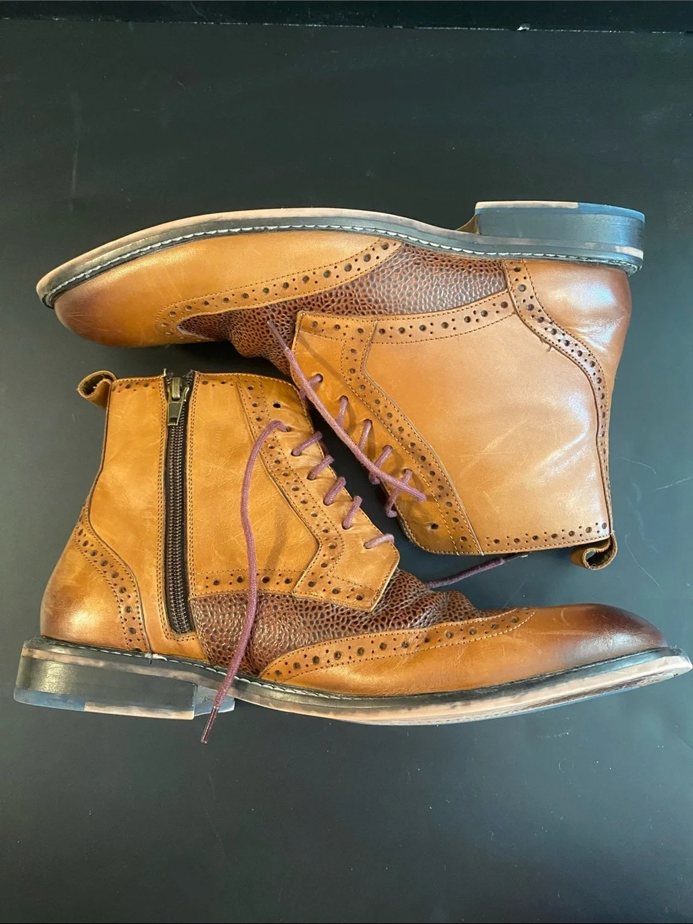 Thomas & Vine Men's Legend Wingtip Ankle Leather Boot Textured Detail Tan Sz 9